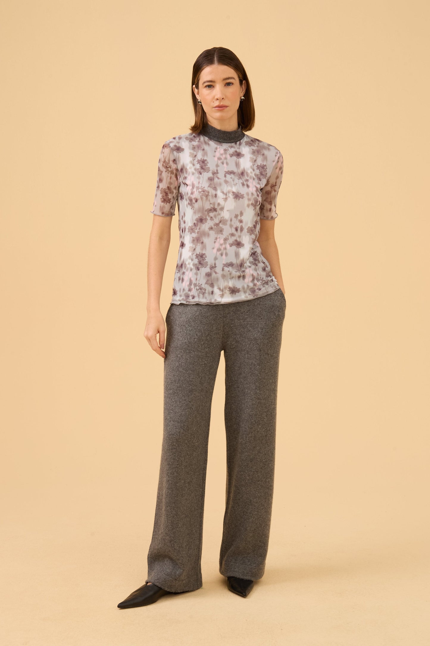 Blusa Manga Curta Em Tule Estampado