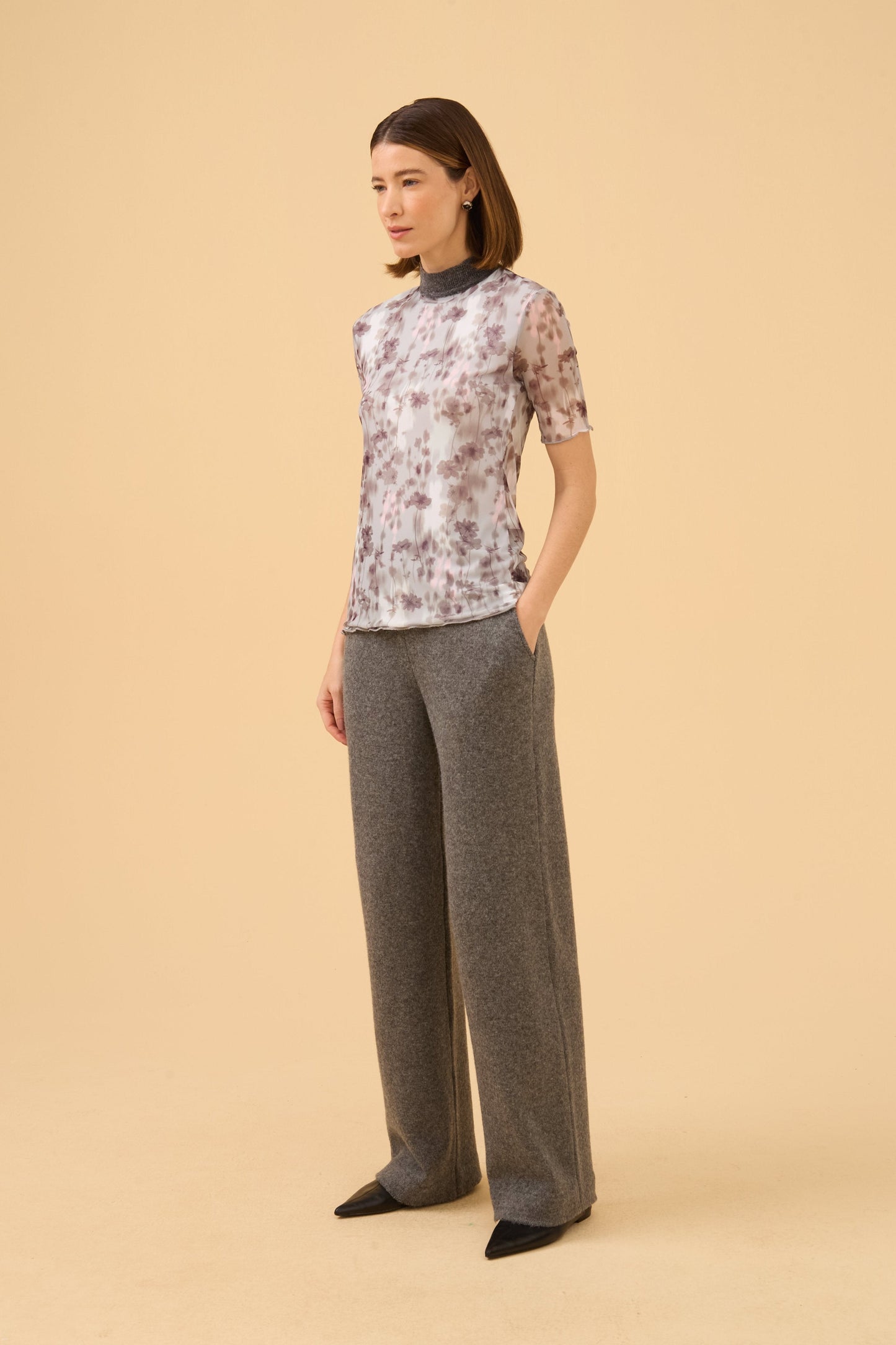 Blusa Manga Curta Em Tule Estampado