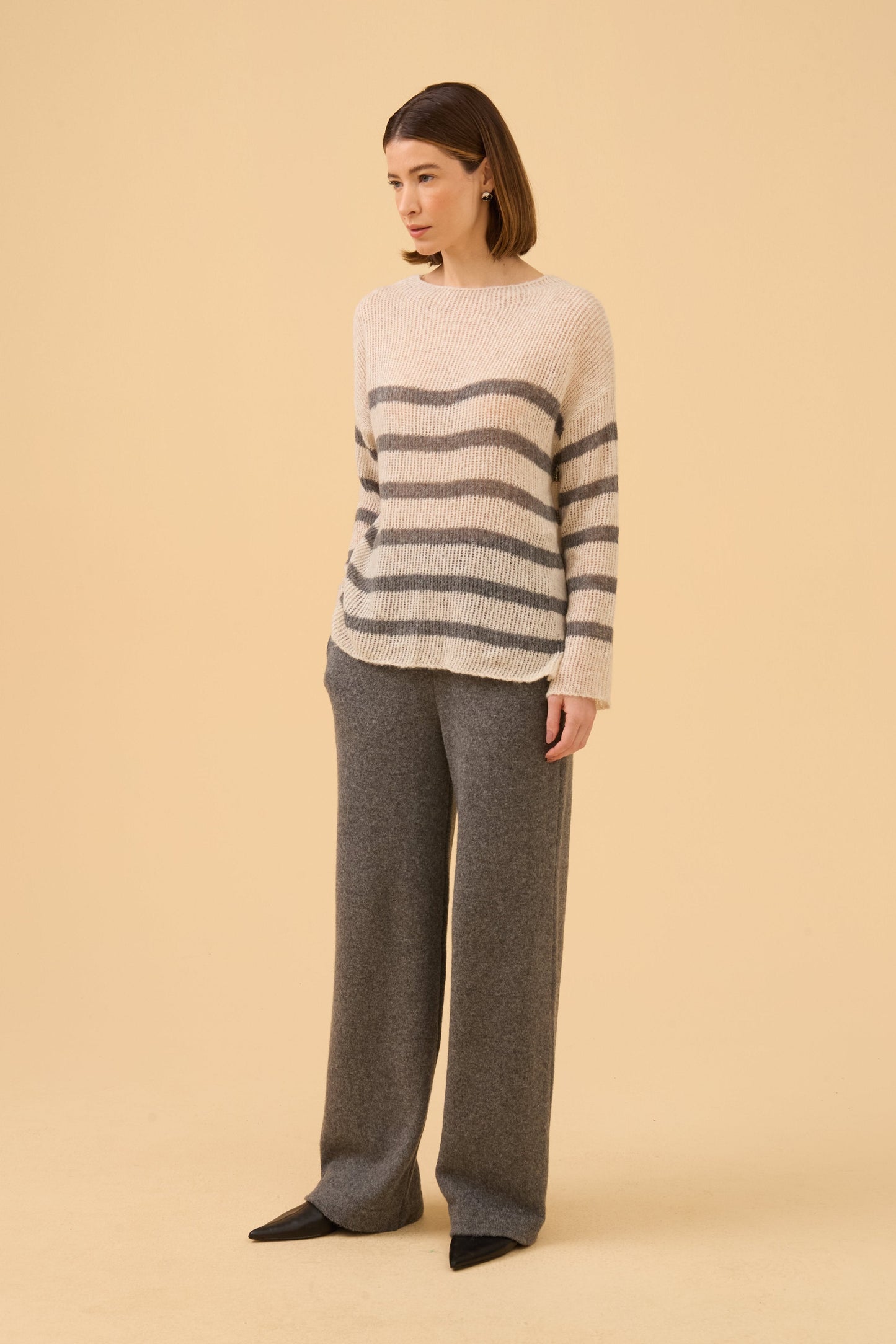 Blusa Manga Longa Gaseada Em Tricot Cinza Mescla