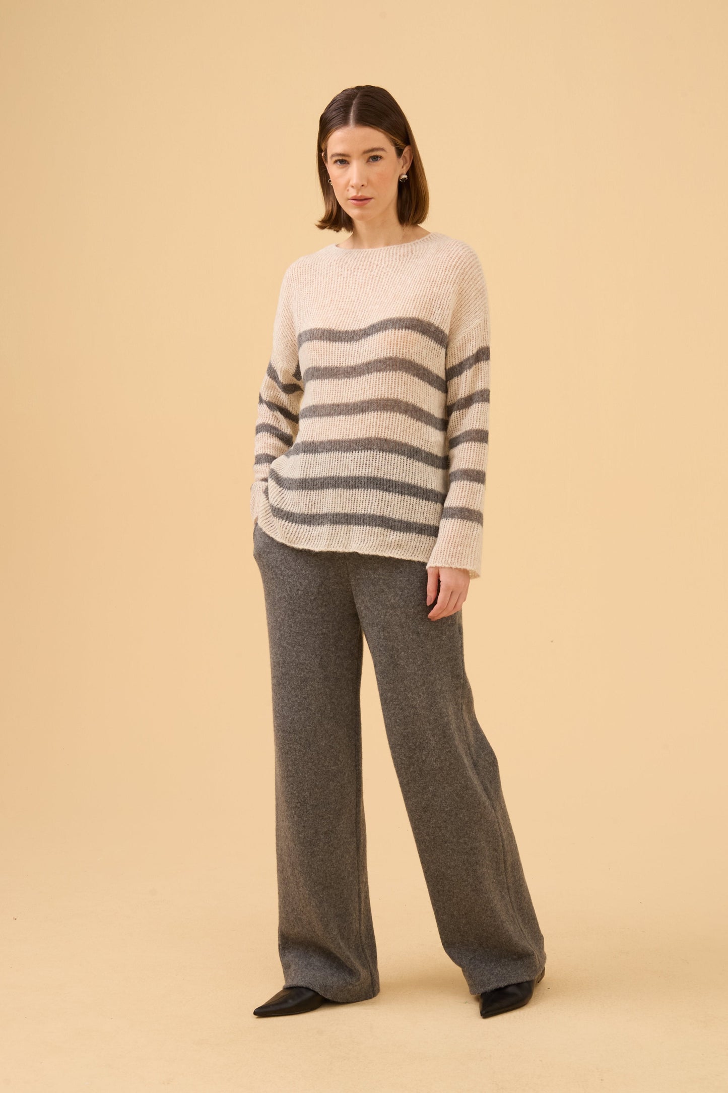 Blusa Manga Longa Gaseada Em Tricot Cinza Mescla