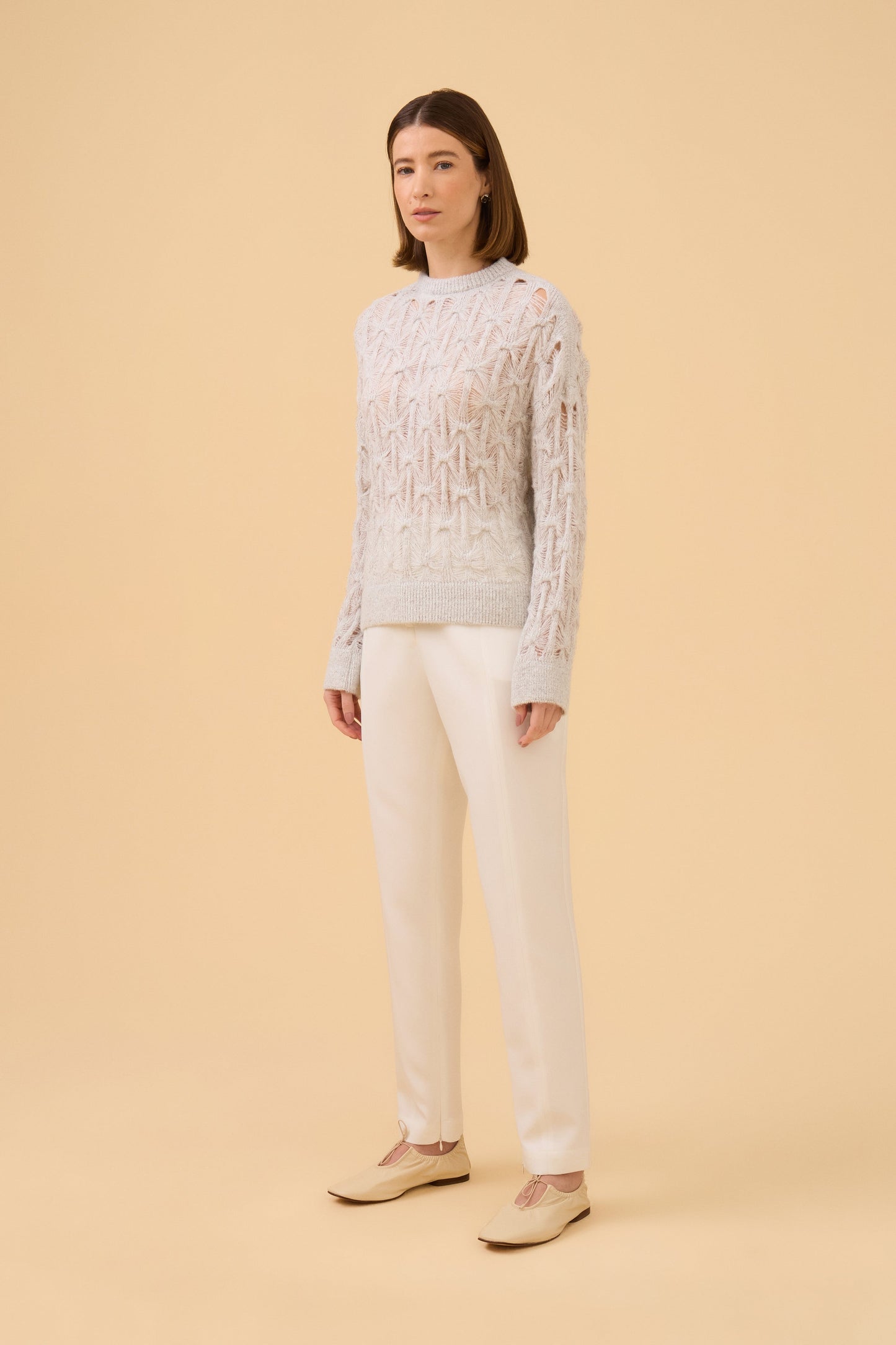 Blusa Manga Longa Ponto Cestaria Com Lurex Em Tricot Pérola