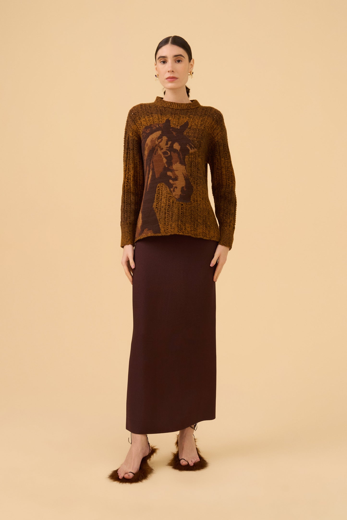 Saia Reta Longuete Em Tricot Dark Brown