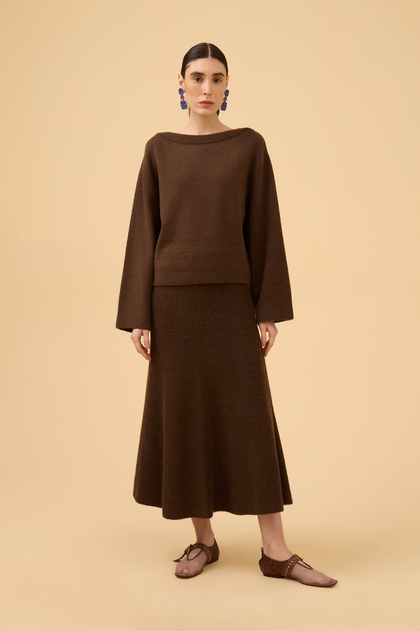 Blusa Manga Longa Decote Bateau Em Tricot Dark Brown