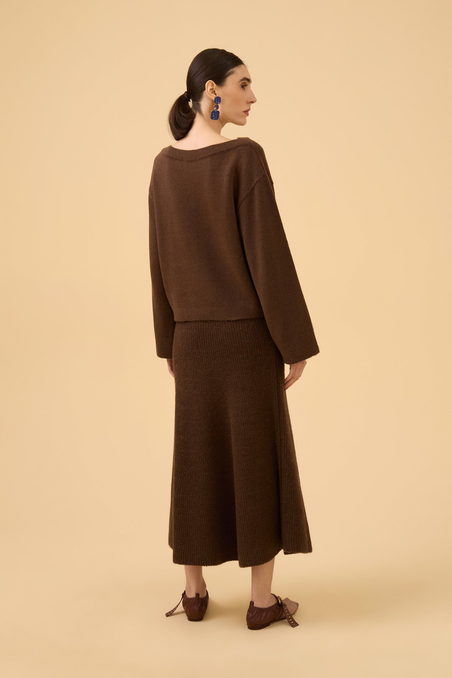 Blusa Manga Longa Decote Bateau Em Tricot Dark Brown