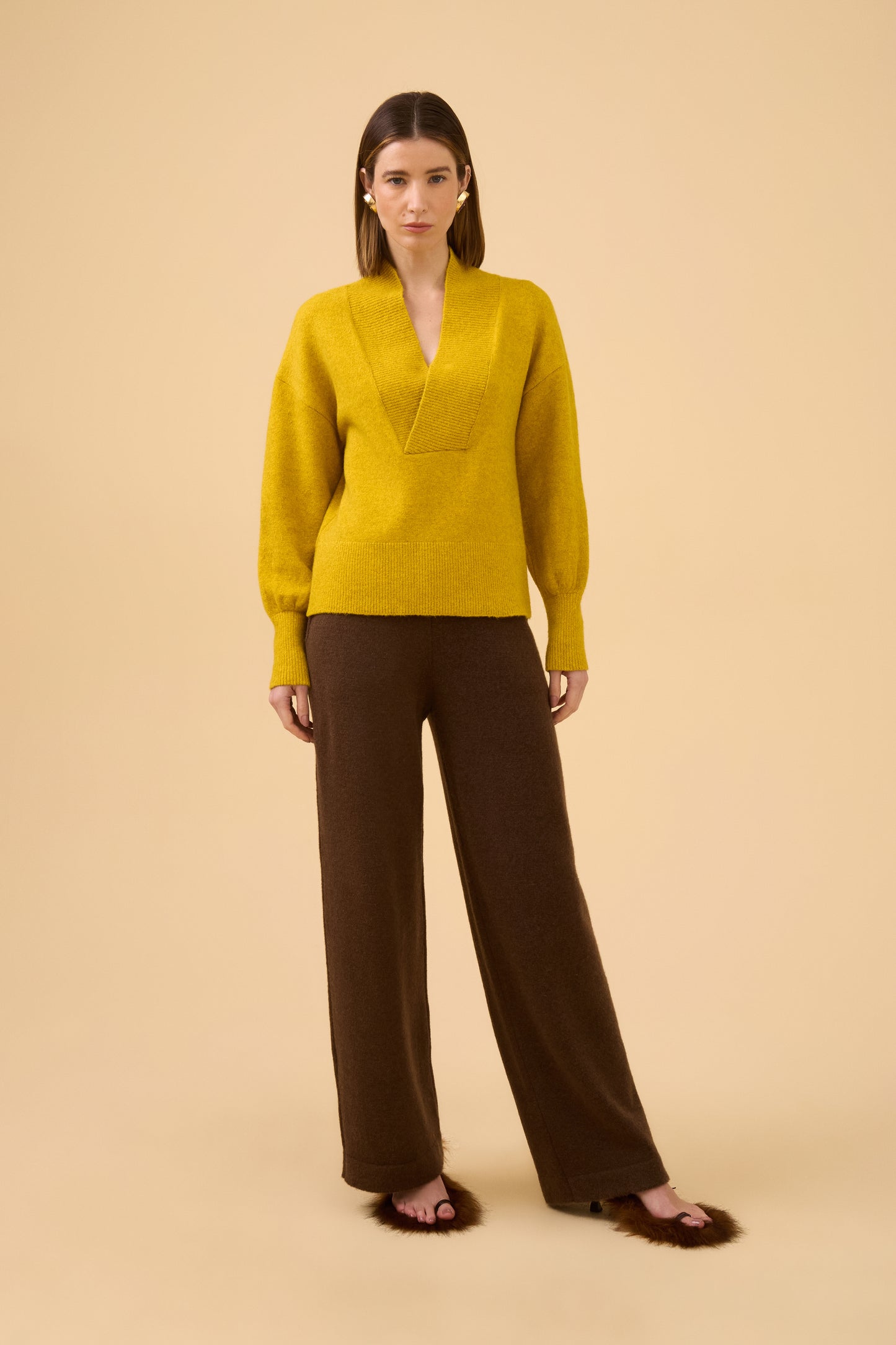 Calça Cós Canelado Em Tricot Dark Brown