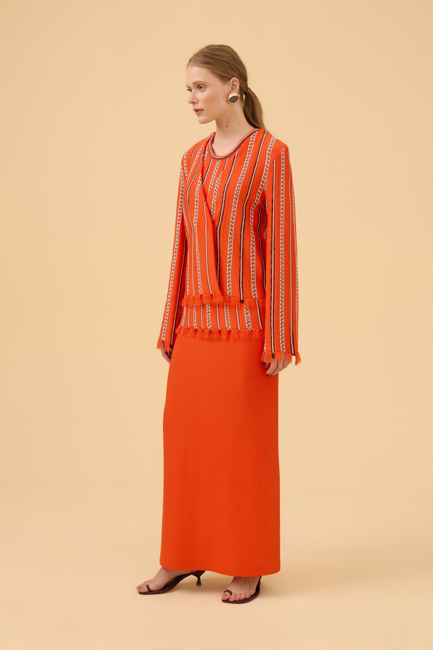 Casaco Curto Transpassado Detalhe Franjas Em Tricot Comb. Vermelho Scarlat