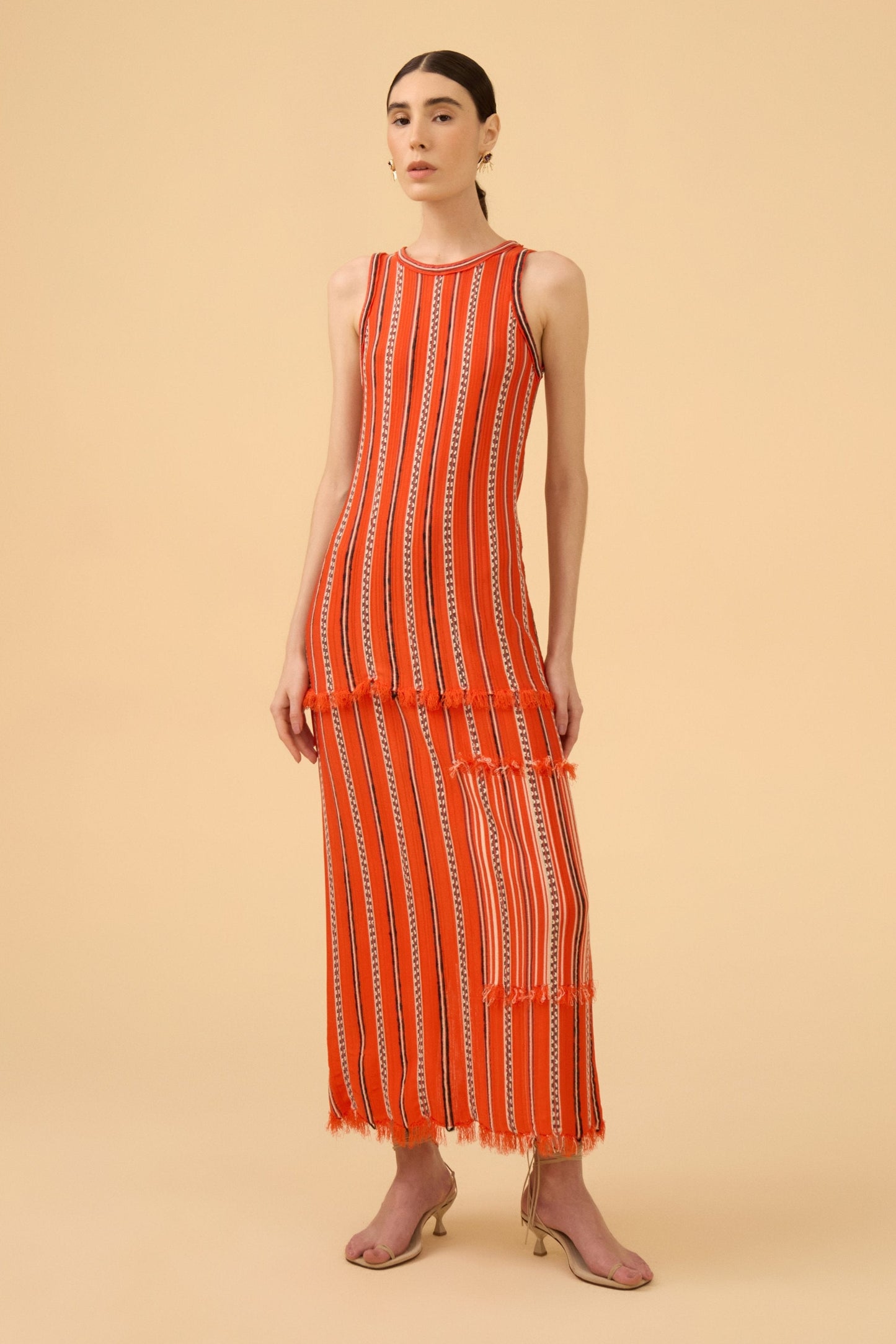 Vestido Reto Detalhe Franjas Em Tricot Comb. Vermelho Scarlat