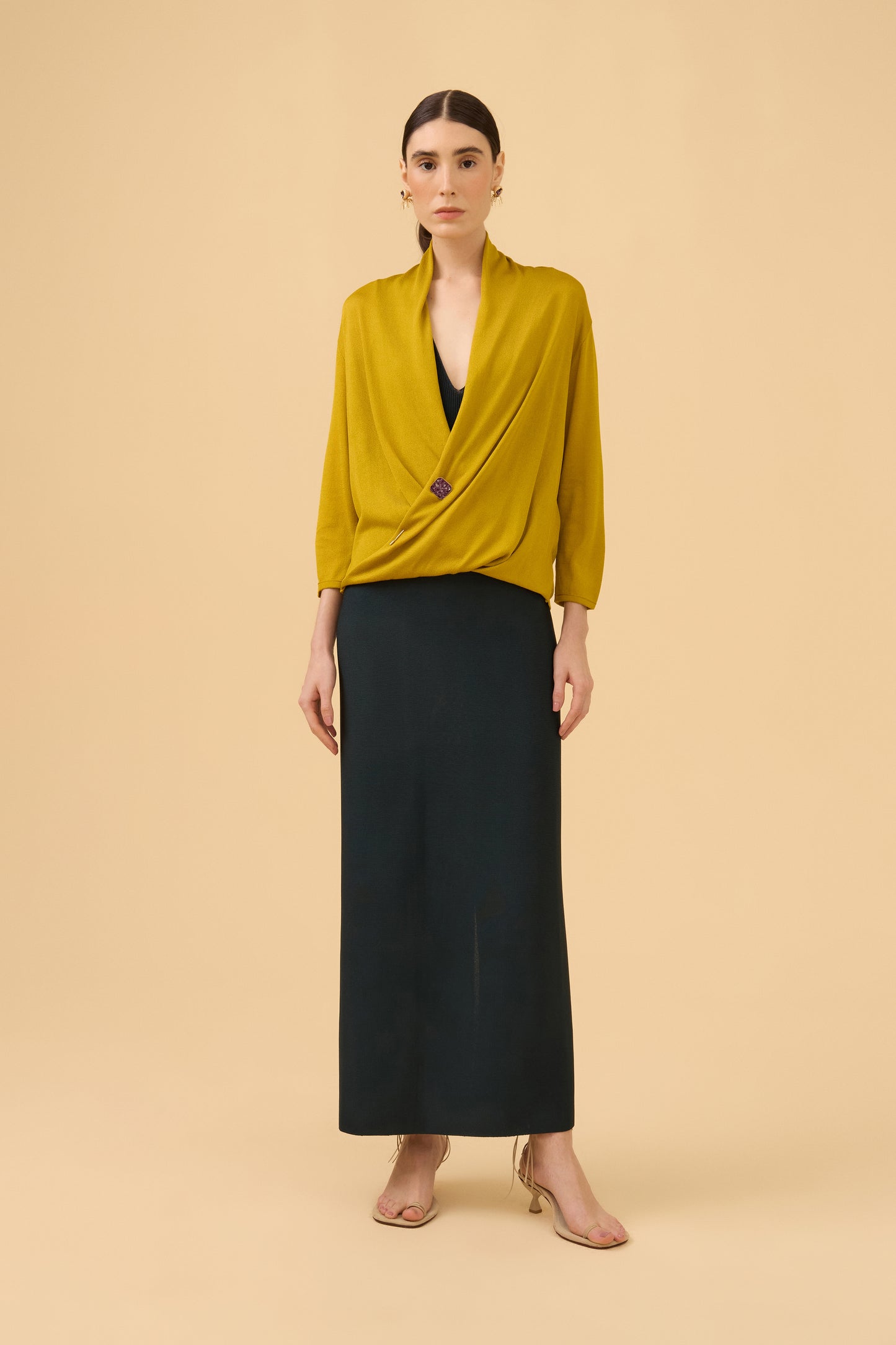 Blusa Manga Longa Com Torção Em Tricot Azeite