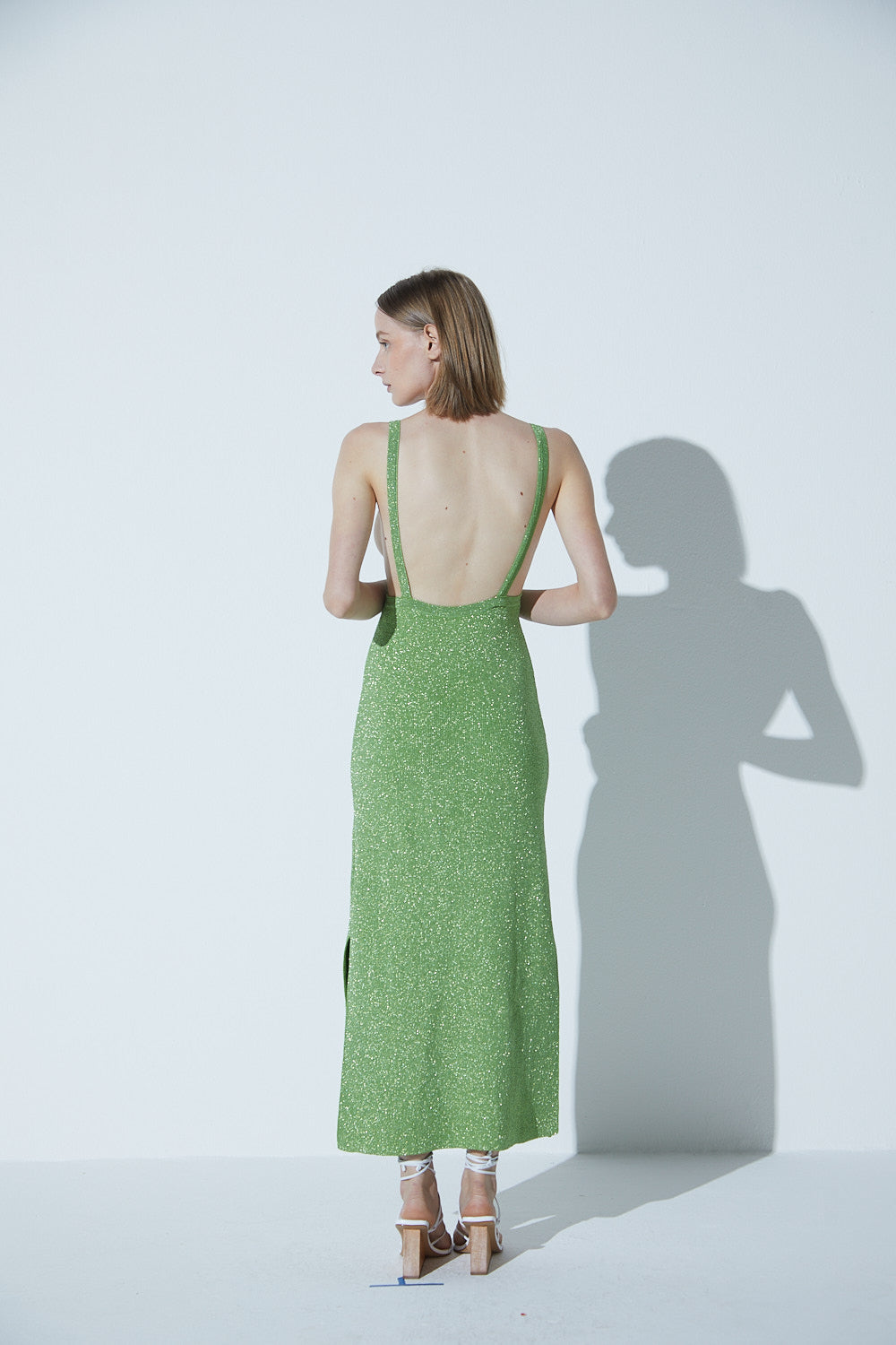 Vestido Decote Costas Profundo Em Tricot Lurex Verde