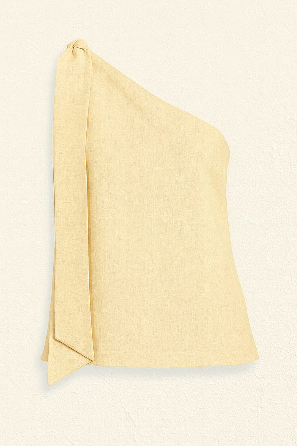 Blusa Em Linho 100% De Um Ombro Só Com Faixa Off Amanteigado