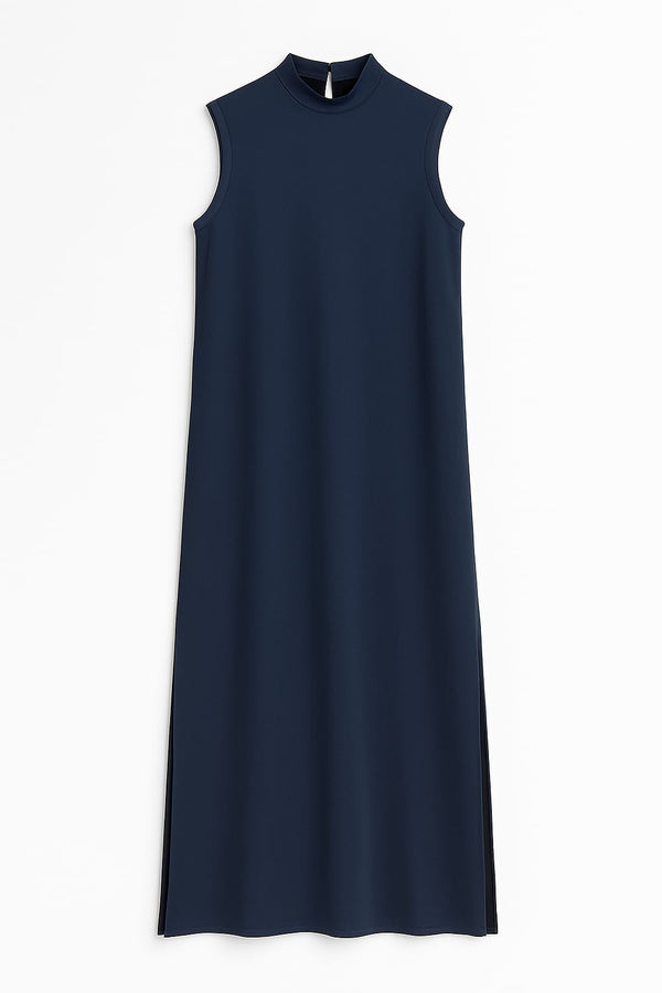 Vestido Em Malha Longo Com Pespontos Gola E Cava Navy Classico