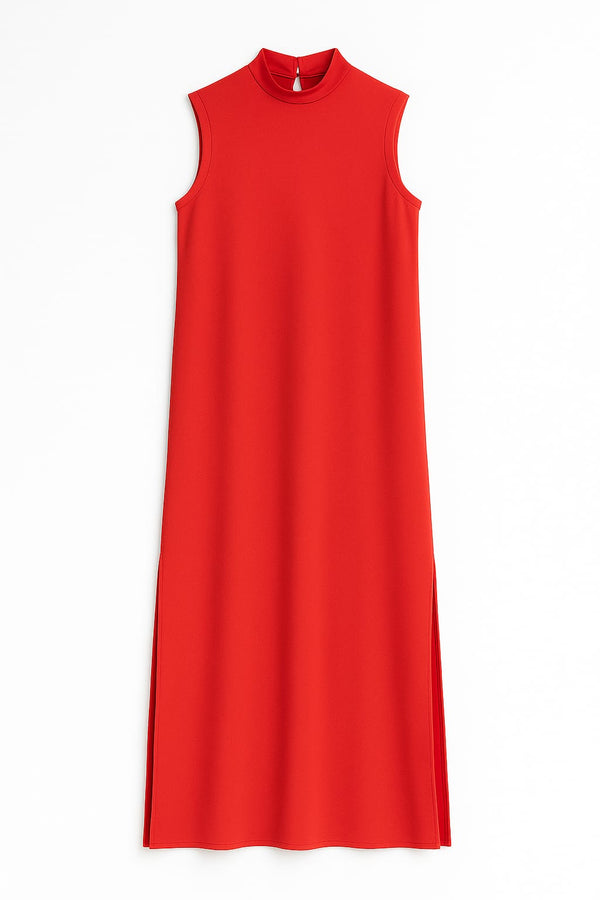 Vestido Em Malha Longo Com Pespontos Gola E Cava Tomate