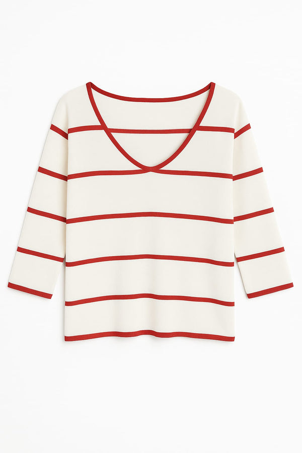 Blusa Em Tricot Manga Longa Com Listras Decote Em V Listrado Tomate