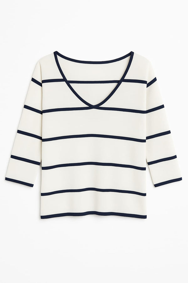 Blusa Em Tricot Manga Longa Com Listras Decote Em V Listrado Navy Classico
