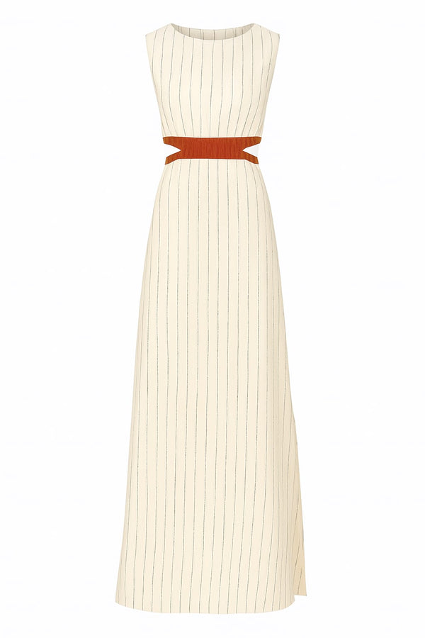 Vestido Em Fio Tinto Com Manga E Abertura Lateral Longo Listrado Fitatto Canela