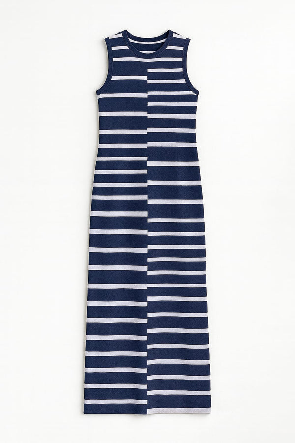 Vestido Longo Tricot Com Listras Listrado Navy Classico