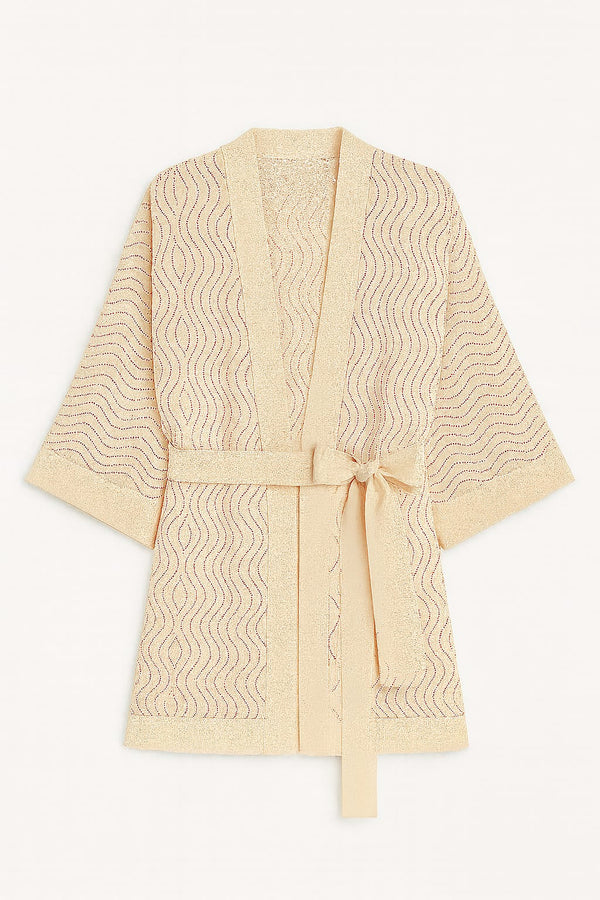 Casaco Tricot Com Faixa Rendado Ondas Off Amanteigado