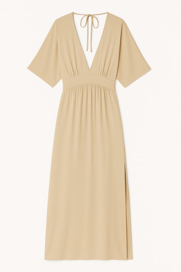 Vestido De Malha Longo Com Decote Em V New Palha