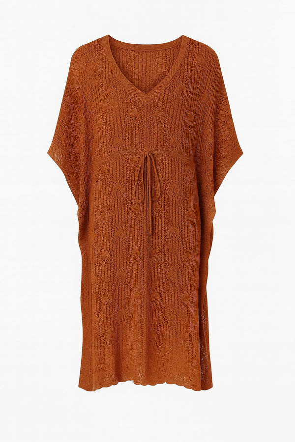 Vestido Tricot Rendado Sobre Tela Canela
