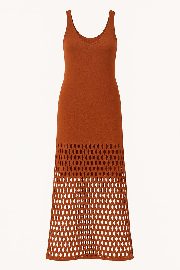 Vestido Longo Maxi Furos Em Tricot Canela