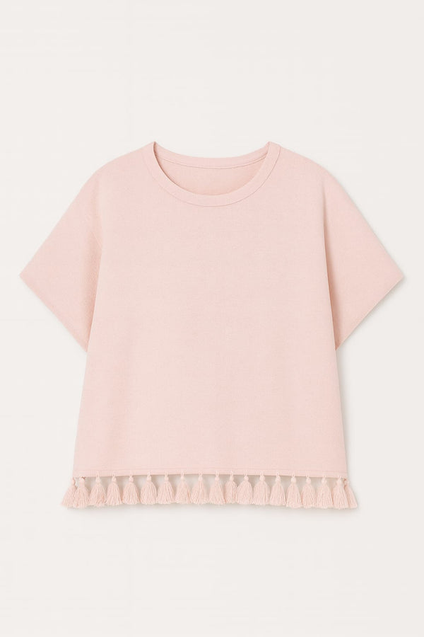 Poncho Sem Mangas Tricot Em Malha Cheia Com Franjas Quartzo Rosa
