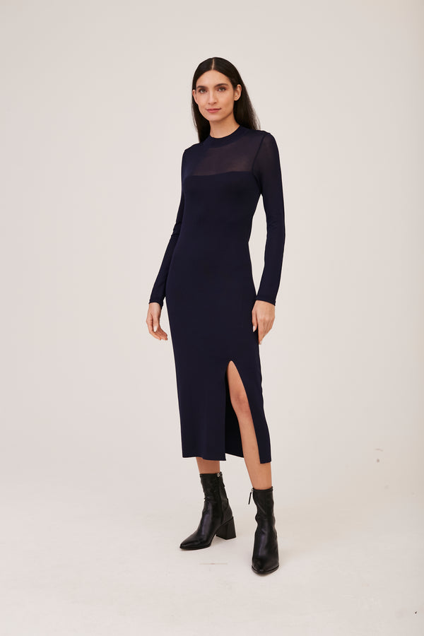 Vestido Midi Em Tricot Com Fenda E Transparência Midnight