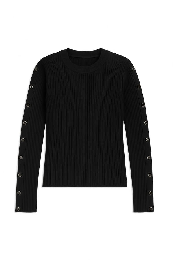 Blusa Manga Longa Com Botões Em Tricot Canelado Preto