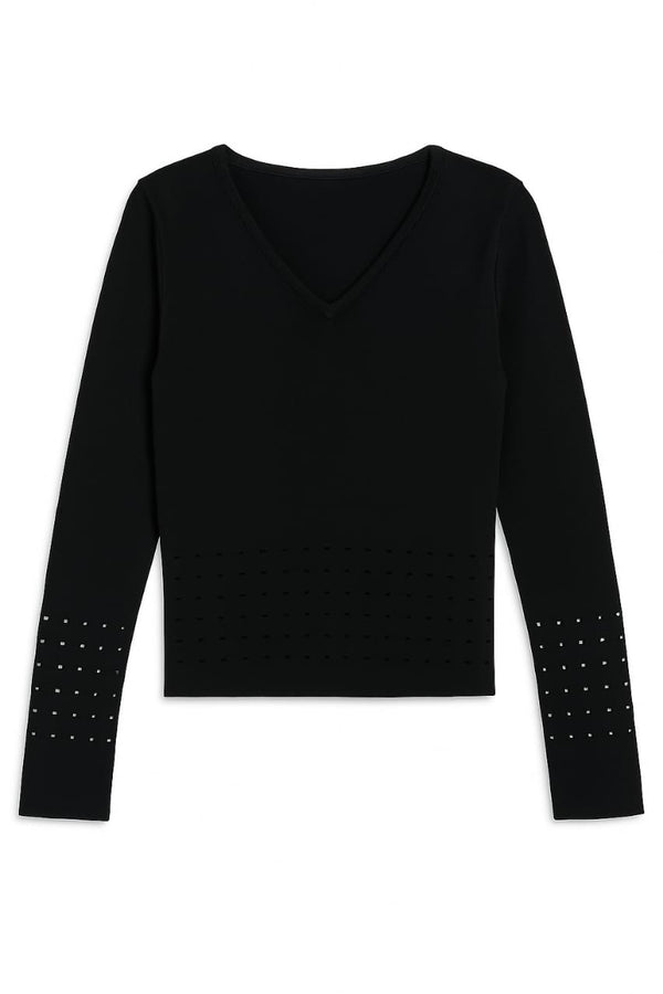 Blusa Manga Longa Em Tricot Detalhes Vazados Preto