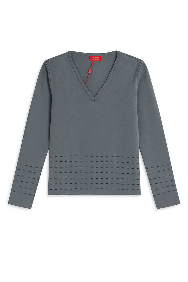 Blusa Manga Longa Em Tricot Detalhes Vazados Cinza