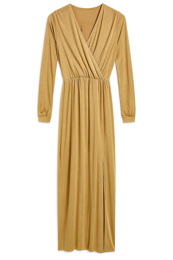 Vestido Longo Franzido Gold Bege