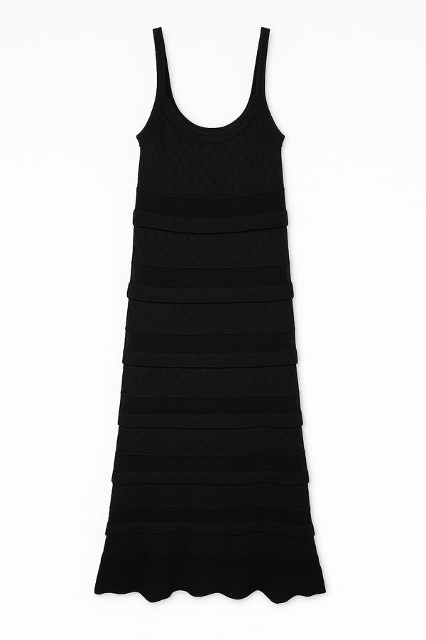 Vestido Midi Alças Mix Texturas Em Tricot Preto