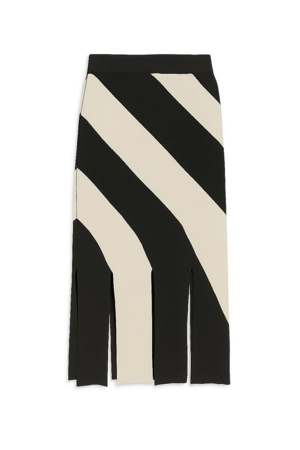Saia Midi Em Tricot Jacquard Listras Diagonal Preto Bege