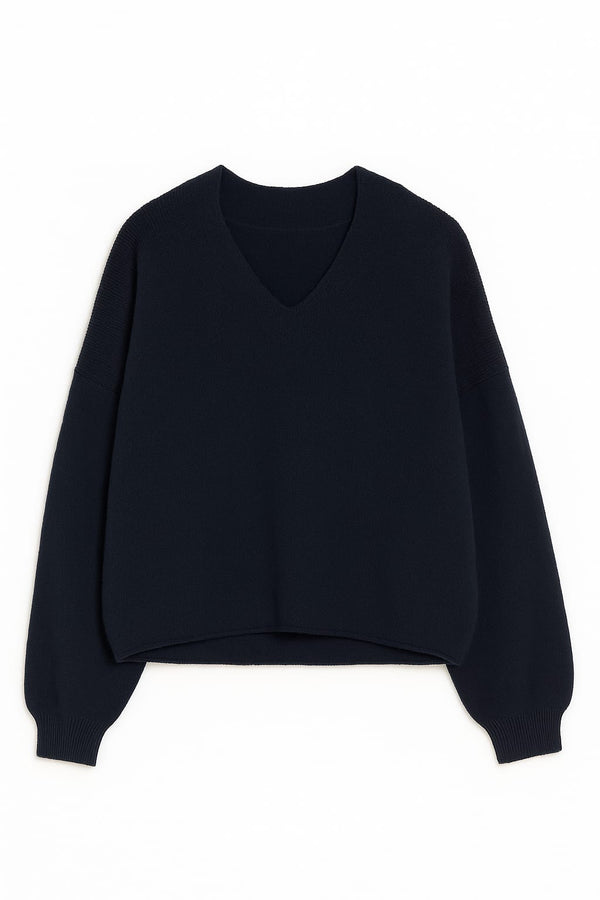 Blusa Decote Careca Manga Volume Em Tricot Meia Noite