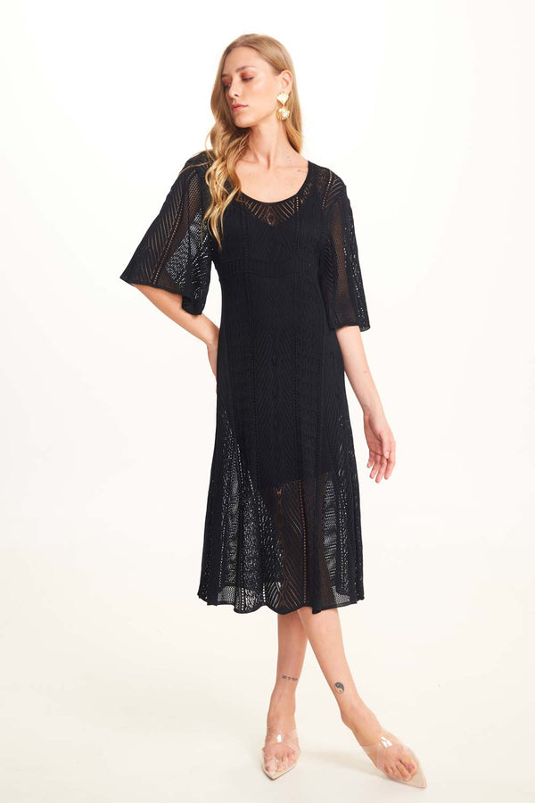 Vestido Midi Decote U Em Tricot Rendado Preto