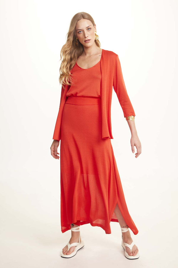 Saia Evase Com Fendas Laterais Em Tricot Tangerina