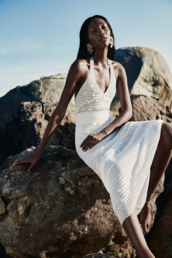 Vestido Longo Ponto Bolinha Em Tricot Off White