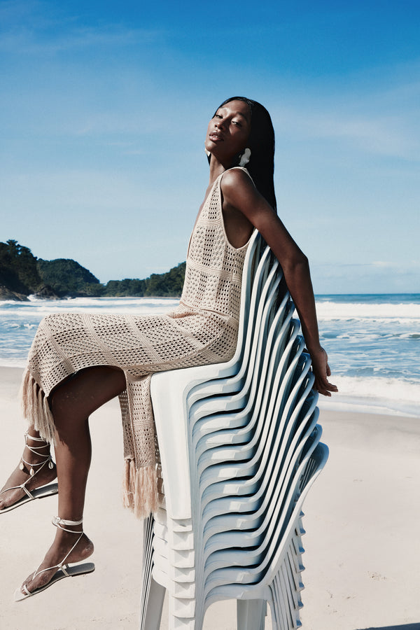 Vestido Em Tricot Rendado Camel