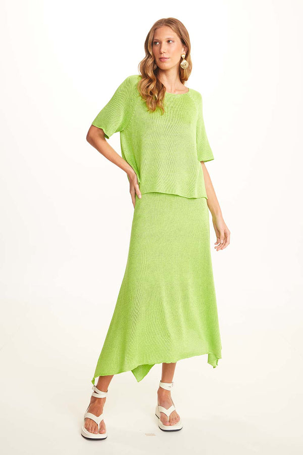 Saia Evase Com Fendas Laterais Em Tricot Verde Maçã