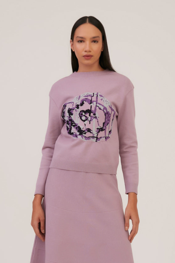 Blusa Jacquard Flower Manga Longa Em Tricot