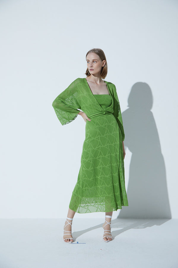 Vestido Decote V Em Tricot Textura Foliage