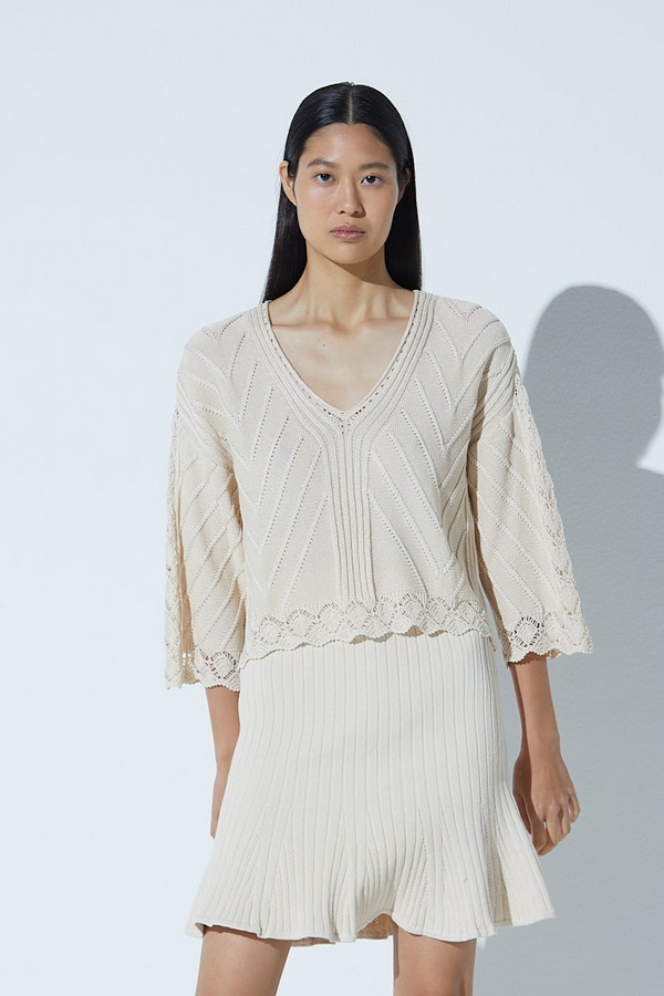 Blusa Ampla Em Tricot Decote V Rendados Ninive