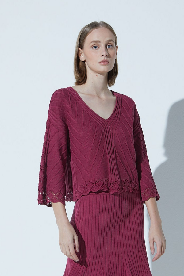 Blusa Ampla Em Tricot Decote V Rendados Rubi