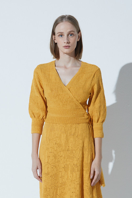 Cardigan Em Tricot Rendado Floral Amarelo