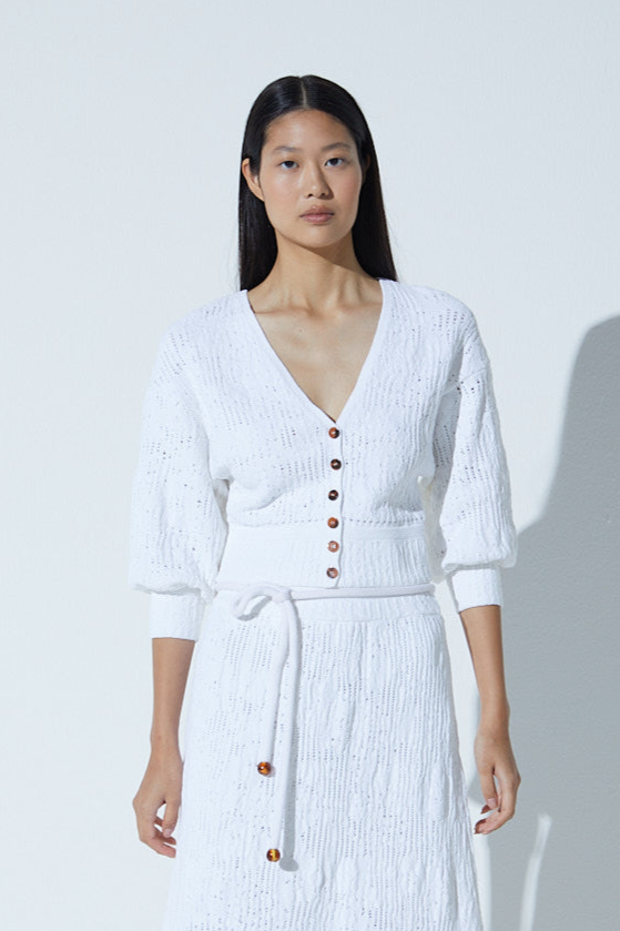 Cardigan Em Tricot Rendado Floral Off-White