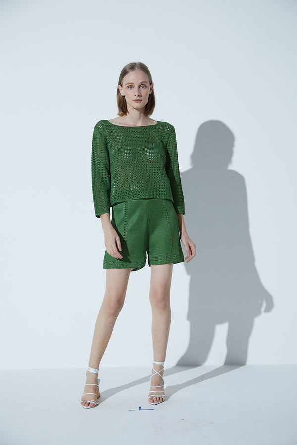 Blusa em Tricot Telado Manga 3/4 Verde Botânico