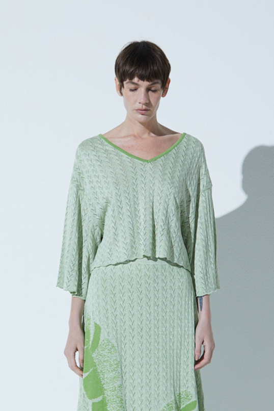 Blusa Manga Japonesa Jacquard Rendado