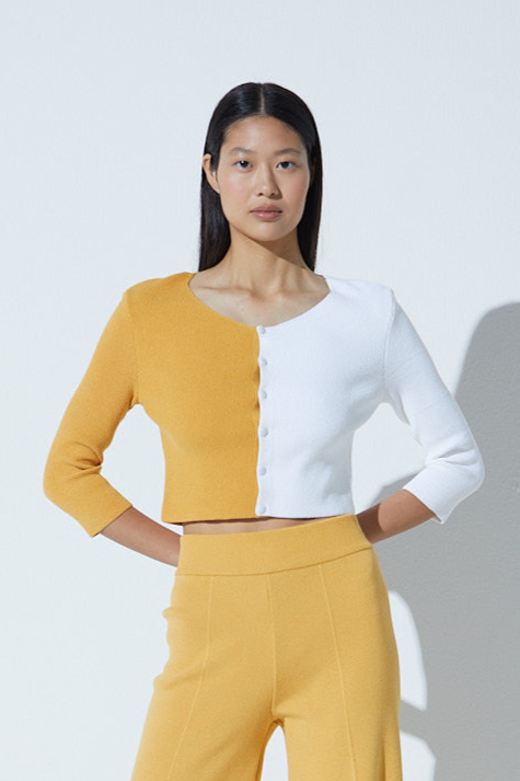 Casaqueto Bicolor Em Tricot Amarelo