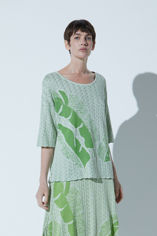 Blusa Ampla Em Tricot Jacquard Folhas