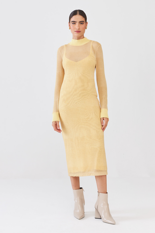 Vestido Em Tule Estampado Detalhe Tricot Knit Amarelo Suave