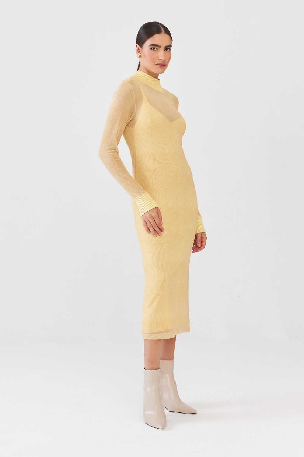 Vestido Em Tule Estampado Detalhe Tricot Knit Amarelo Suave